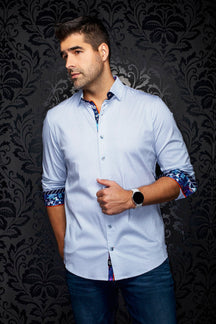 Au Noir men's white button-up shirt with blue micro circle print and multicolor rolled cuffs, front model view