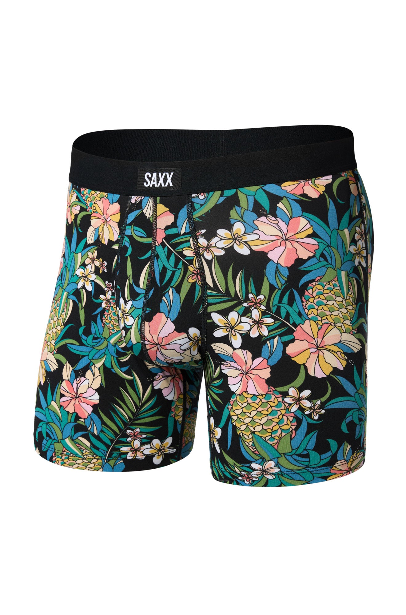 Isolated front view of men's black tropical print boxer boxer briefs underwear with SAXX logo waistband