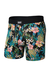 Isolated front view of men's black tropical print boxer boxer briefs underwear with SAXX logo waistband