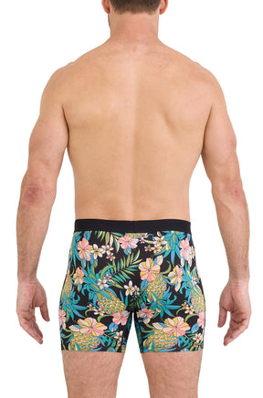 Saxx men's black tropical print boxer boxer briefs underwear with wide black waistband shown from the back