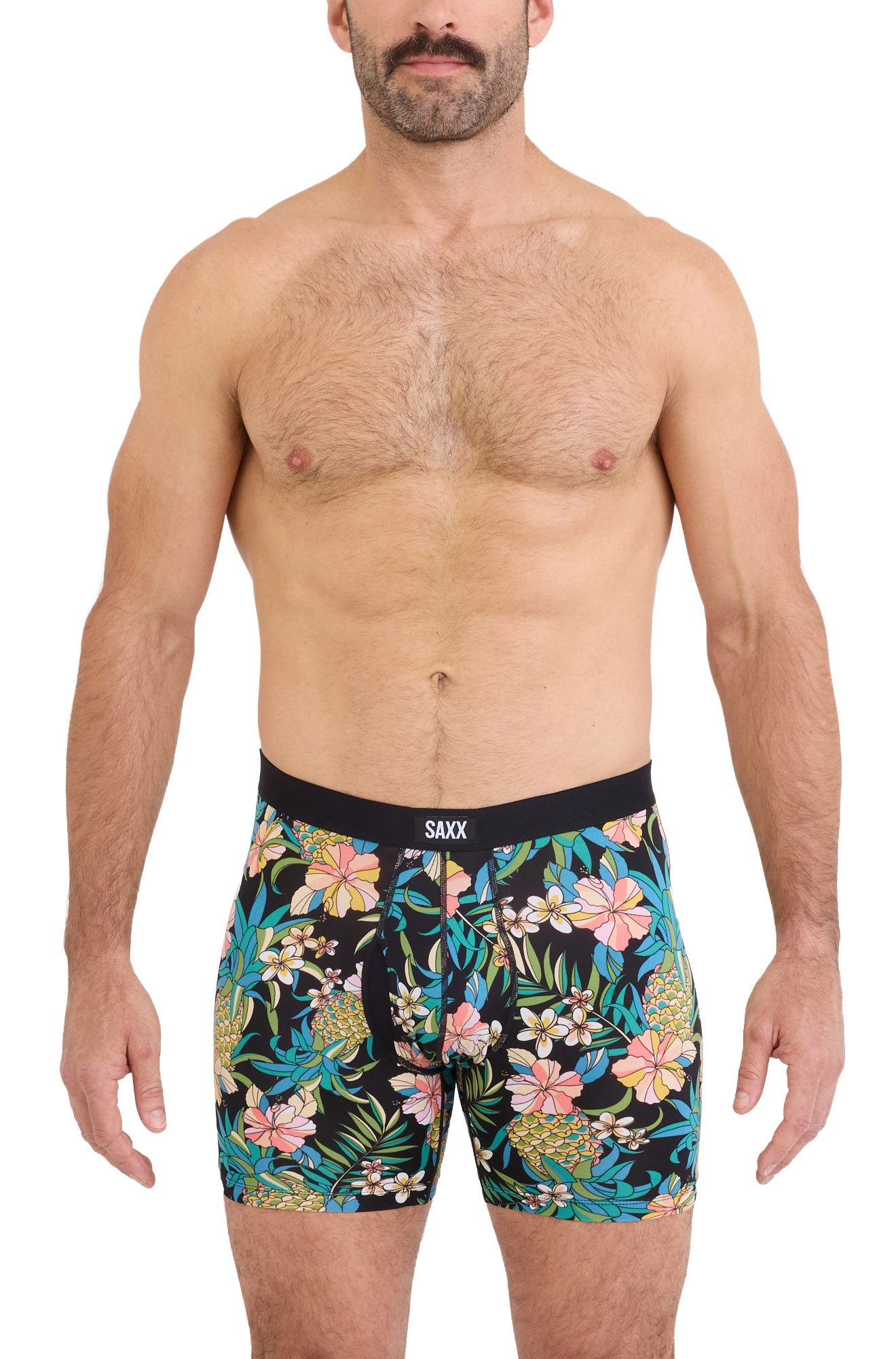 Saxx men's tropical print boxer boxer briefs underwear with logo waistband and contoured pouch, front model view