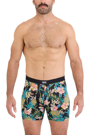 Saxx men's tropical print boxer boxer briefs underwear with logo waistband and contoured pouch, front model view