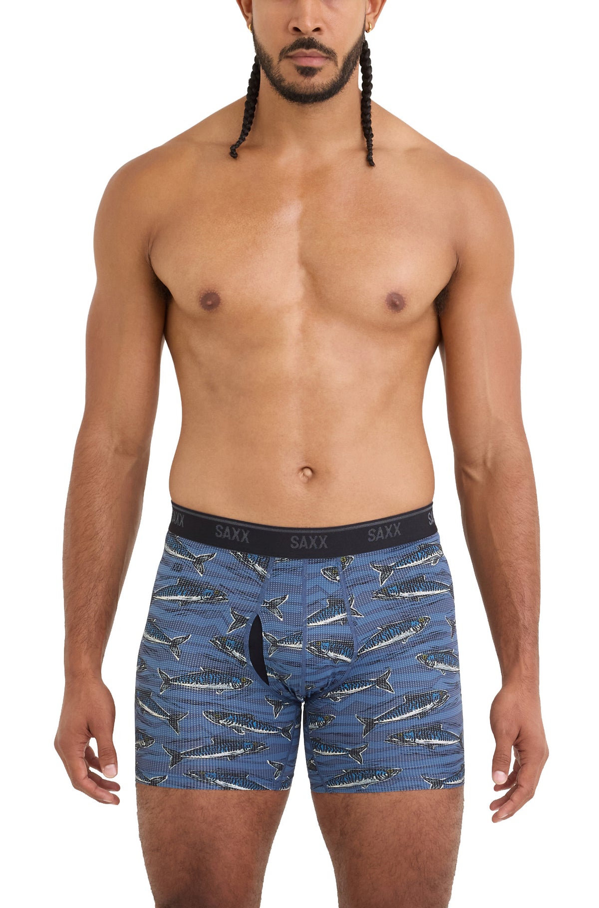 Front model view of men's blue fish-print boxer briefs with contoured pouch and black logo waistband by Saxx