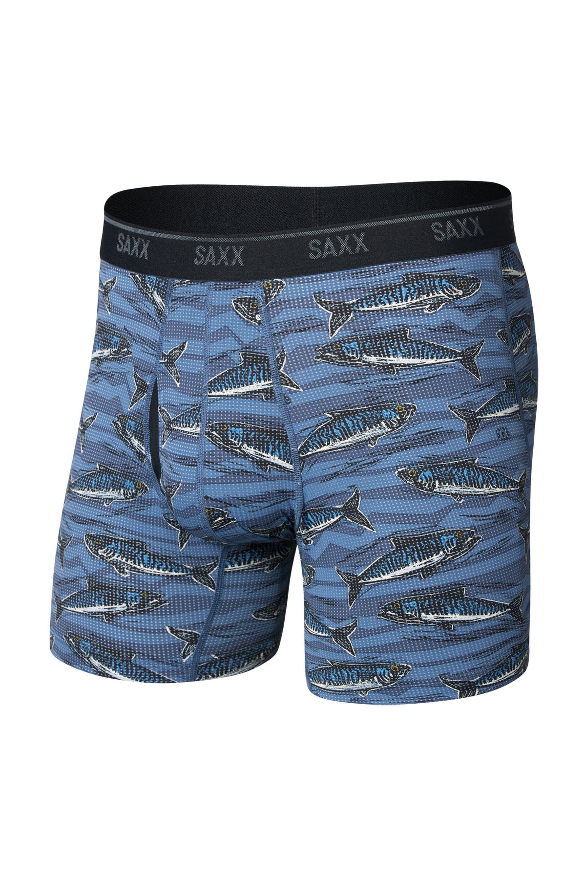Men's blue fish-print boxer briefs with contour pouch and black SAXX waistband shown from the front