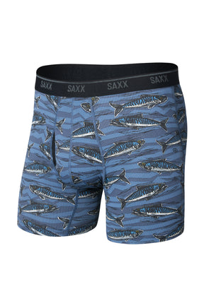 Men's blue fish-print boxer briefs with contour pouch and black SAXX waistband shown from the front