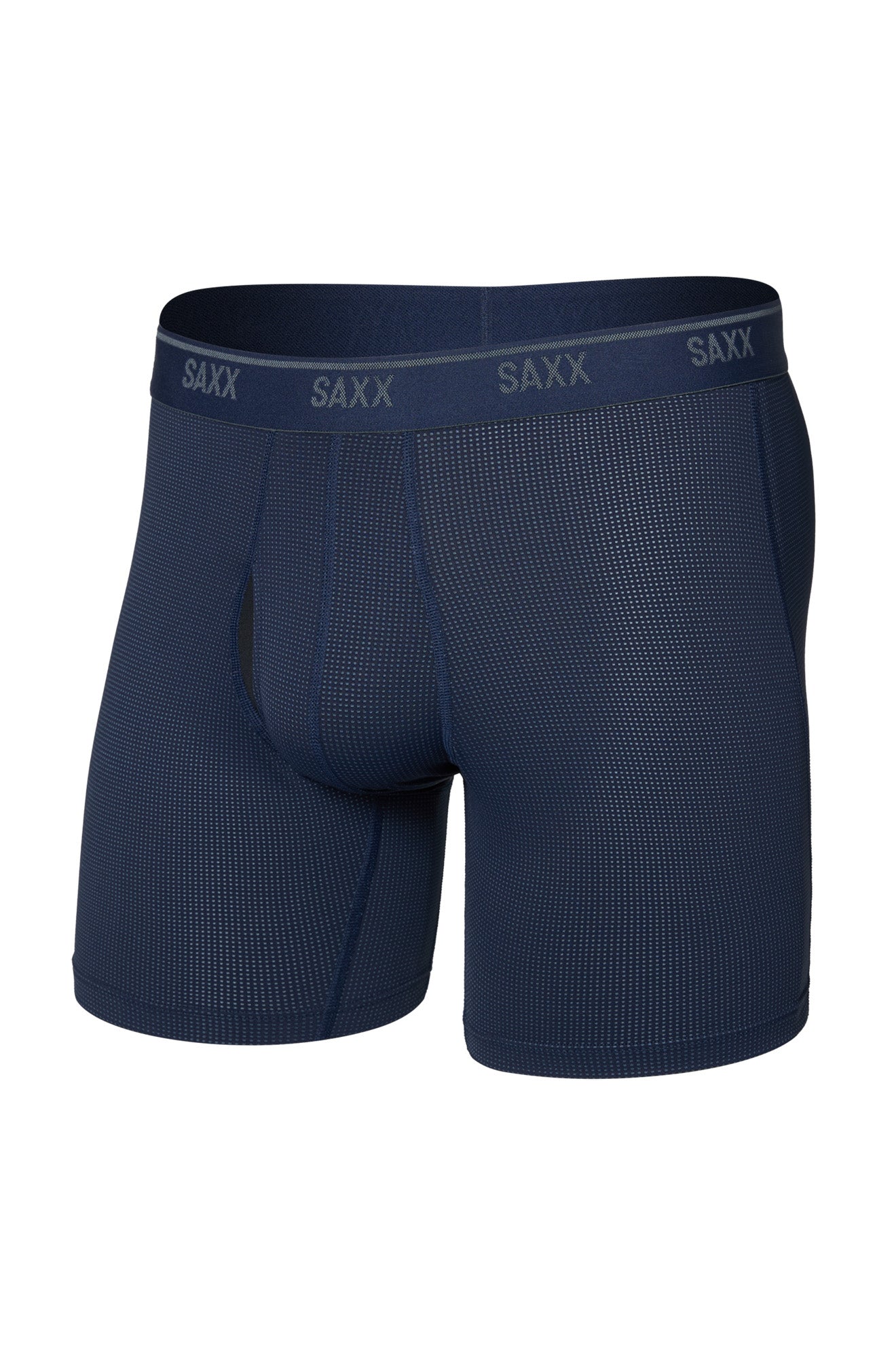 Men's navy boxer briefs with SAXX logo waistband and micro-dot texture shown from the front