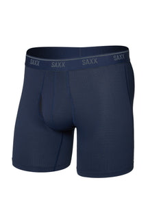 Men's navy boxer briefs with SAXX logo waistband and micro-dot texture shown from the front