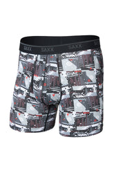 Men's gray graphic boxer underwear with contoured pouch and black SAXX waistband, isolated front view