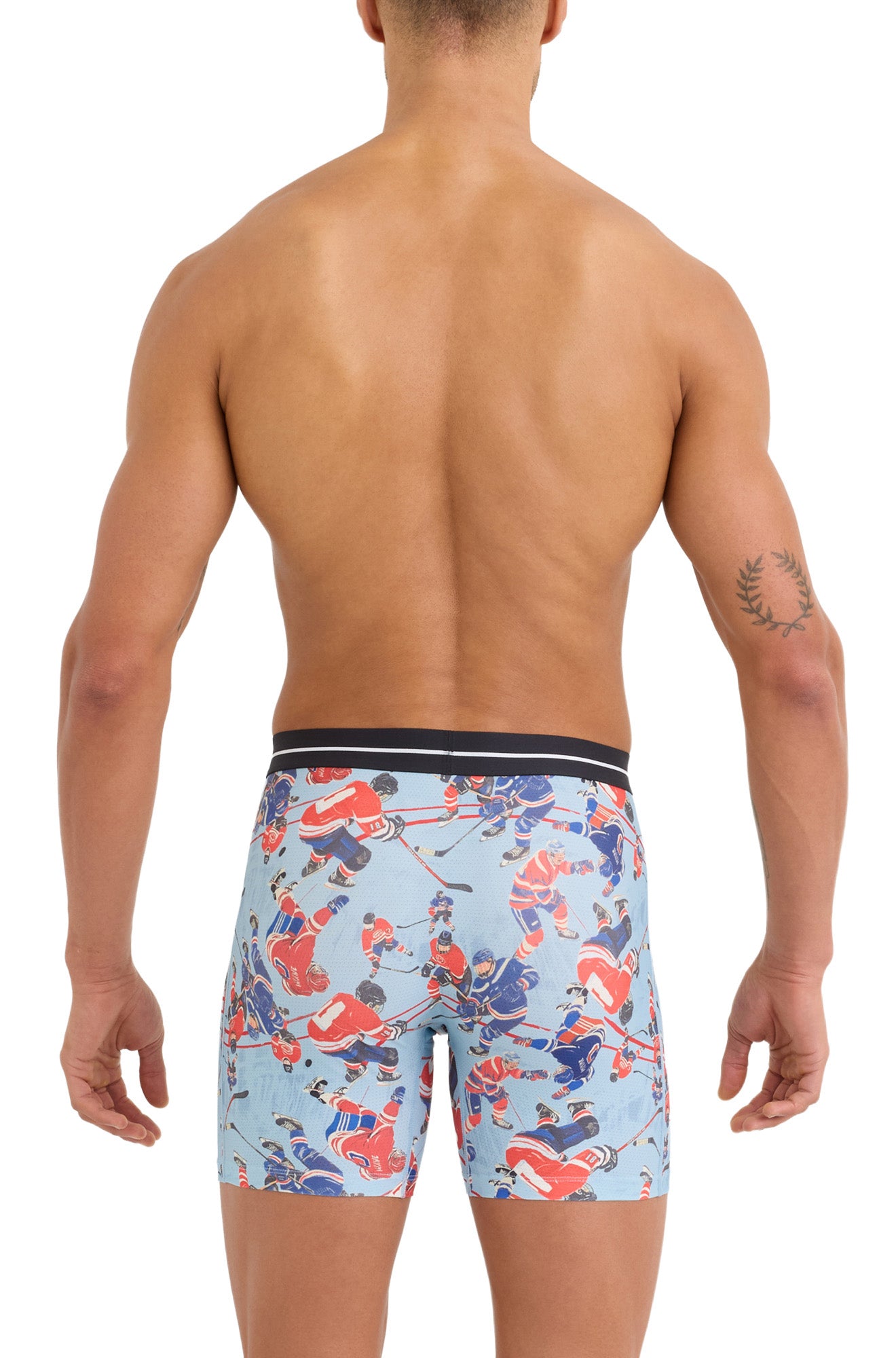 Saxx men's light blue hockey print boxer briefs with mid-thigh legs and black waistband shown from the back