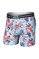 Men's light blue hockey print boxer briefs with black SAXX waistband, isolated front view