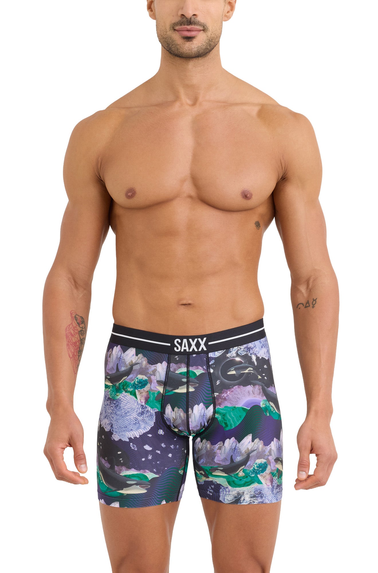 Men's black printed boxer briefs with contoured pouch and SAXX waistband shown from the front