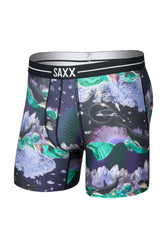 Saxx men's black printed boxer briefs with SAXX waistband and orca crystal graphic, isolated front view