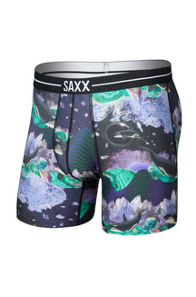 Saxx men's black printed boxer briefs with SAXX waistband and orca crystal graphic, isolated front view