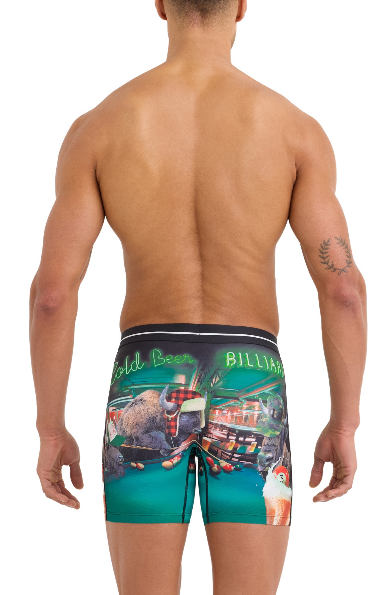 Back model view of men's teal boxer underwear with beer graphic print, billiards and bison by Saxx