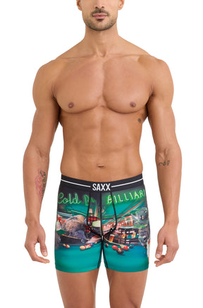 Men's teal boxer underwear with black SAXX waistband and billiards graphic shown from the front