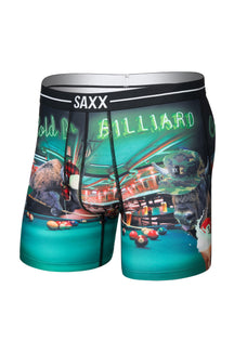 Men's teal boxer underwear with black SAXX waistband, bison print and billiards, front product view