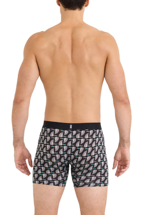 Back model view of men's black and gray bird print boxer boxer brief underwear with small SAXX back tab