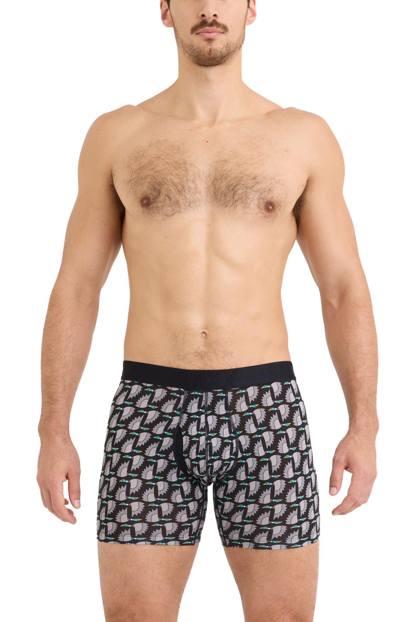 Saxx men's black and gray bird print boxer boxer brief underwear with black elastic waistband shown from the front