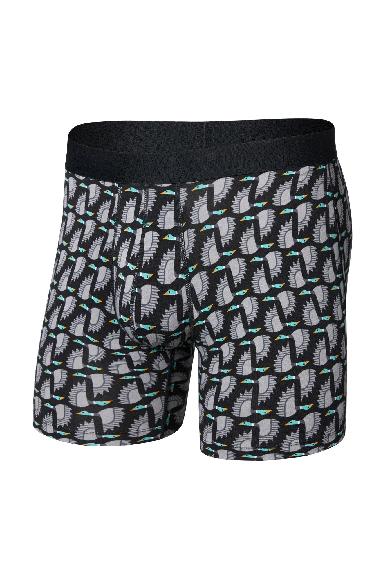 Men's black and gray bird print boxer boxer brief underwear with black SAXX waistband shown from the front