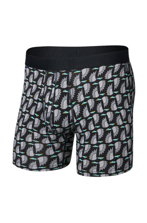 Men's black and gray bird print boxer boxer brief underwear with black SAXX waistband shown from the front