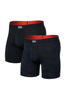 Men's black and navy SAXX boxer underwear with red inner waistbands shown from the front
