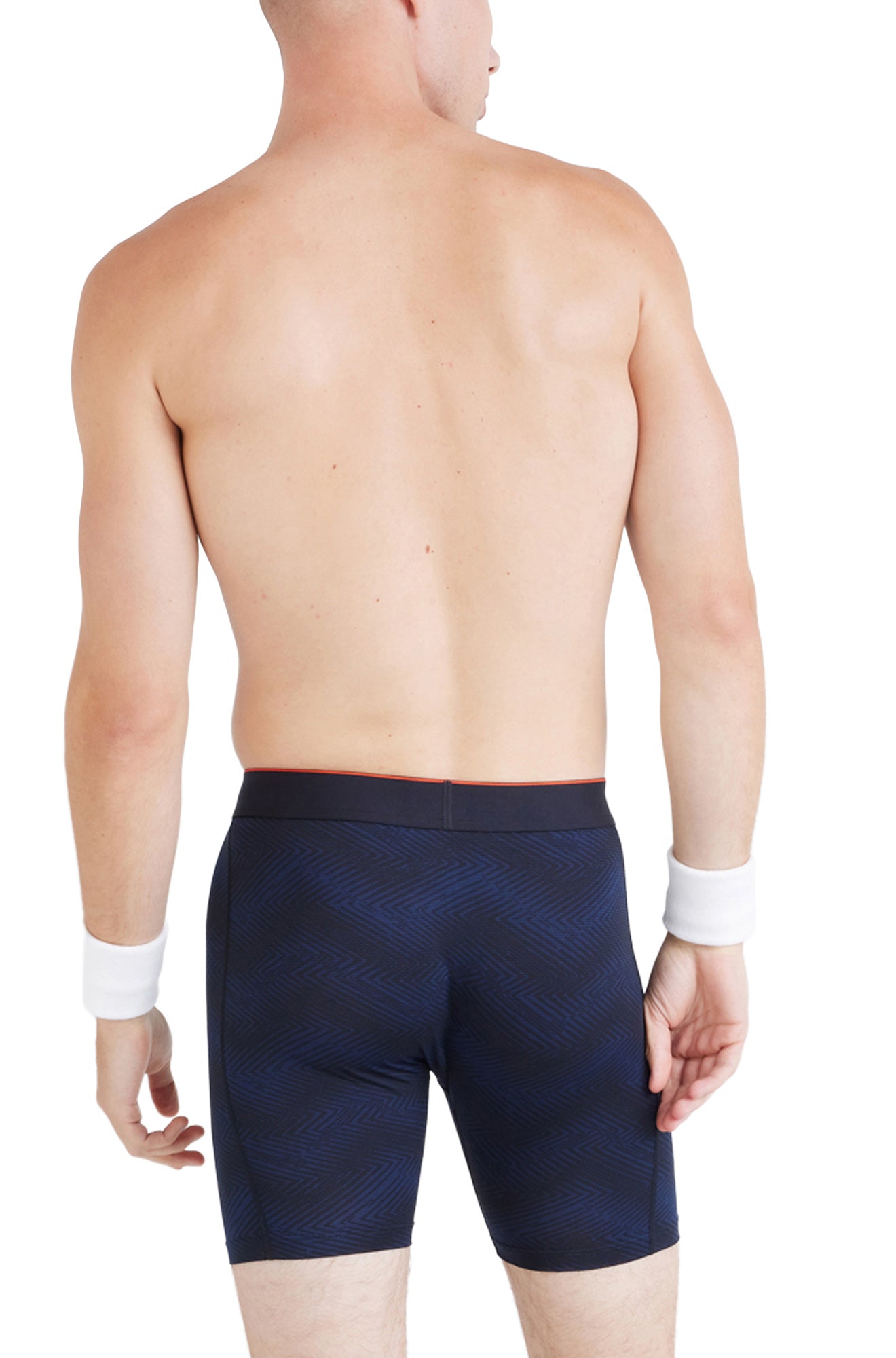 Saxx men's navy boxer underwear with red trim, black waistband and subtle chevron pattern, back model view