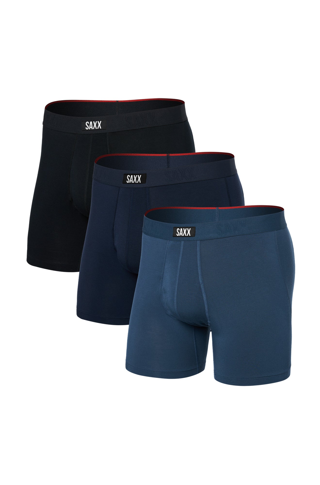 Men's three boxer underwear in black, navy, and blue with red inner trim and SAXX logo waistbands, product view