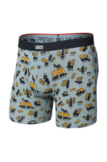 Men's light blue boxer briefs with black SAXX waistband, peanut print and ant, front product view