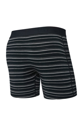 Saxx men's black striped boxer underwear with black elastic waistband and rear seam, isolated back view