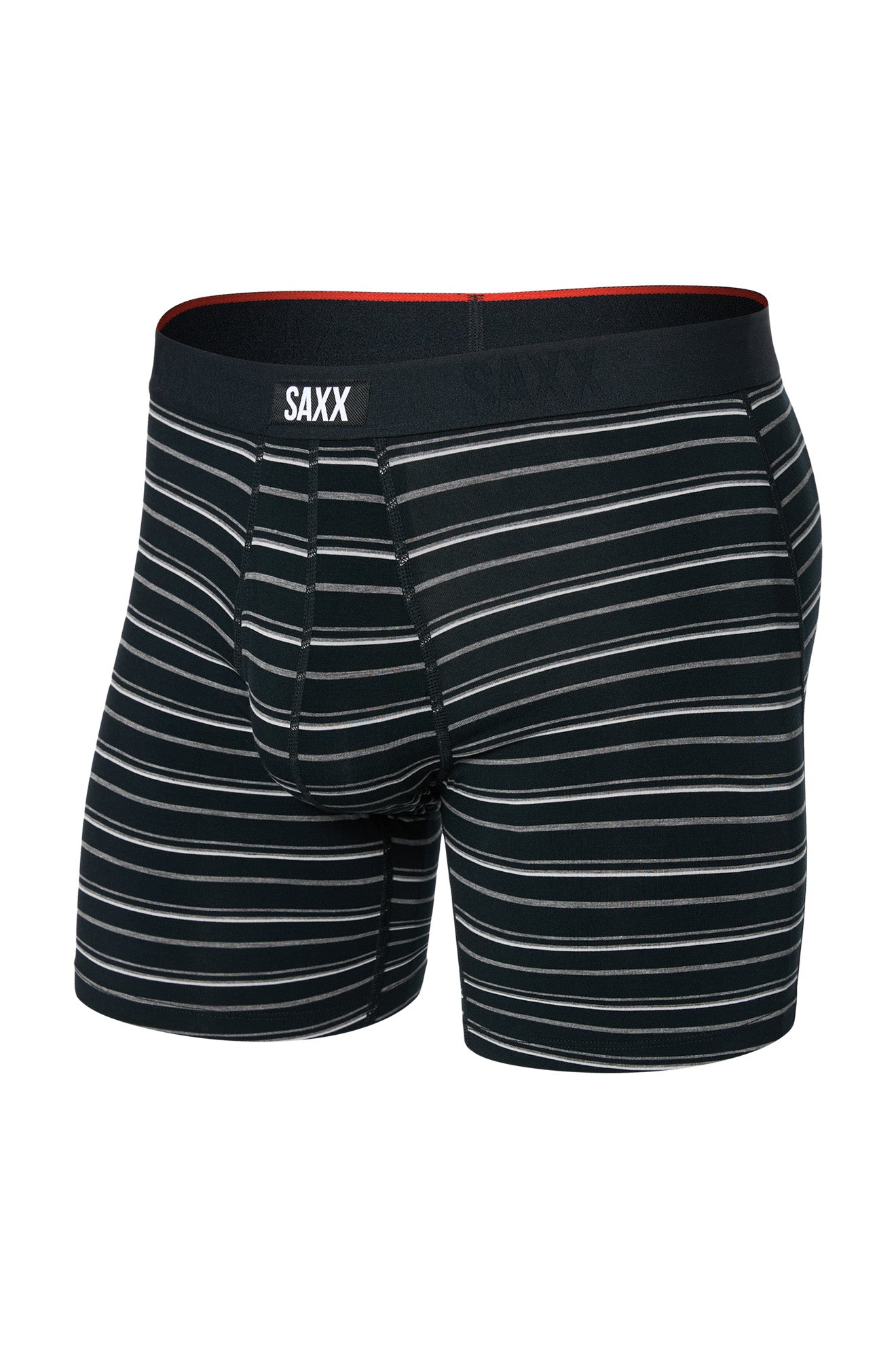 Saxx men's black striped boxer underwear with SAXX waistband label and contoured pouch, isolated front view