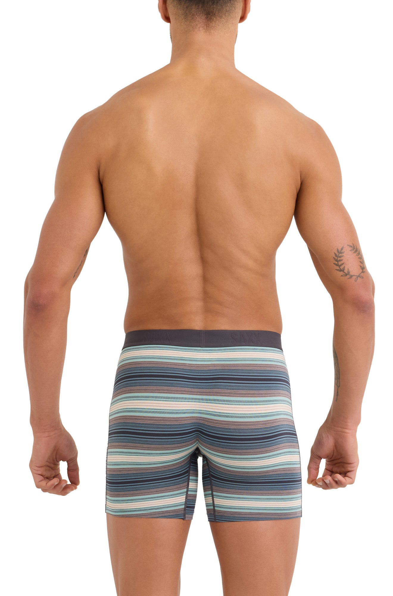 Back view of men's teal and gray striped boxer boxer brief underwear with a black waistband by Saxx