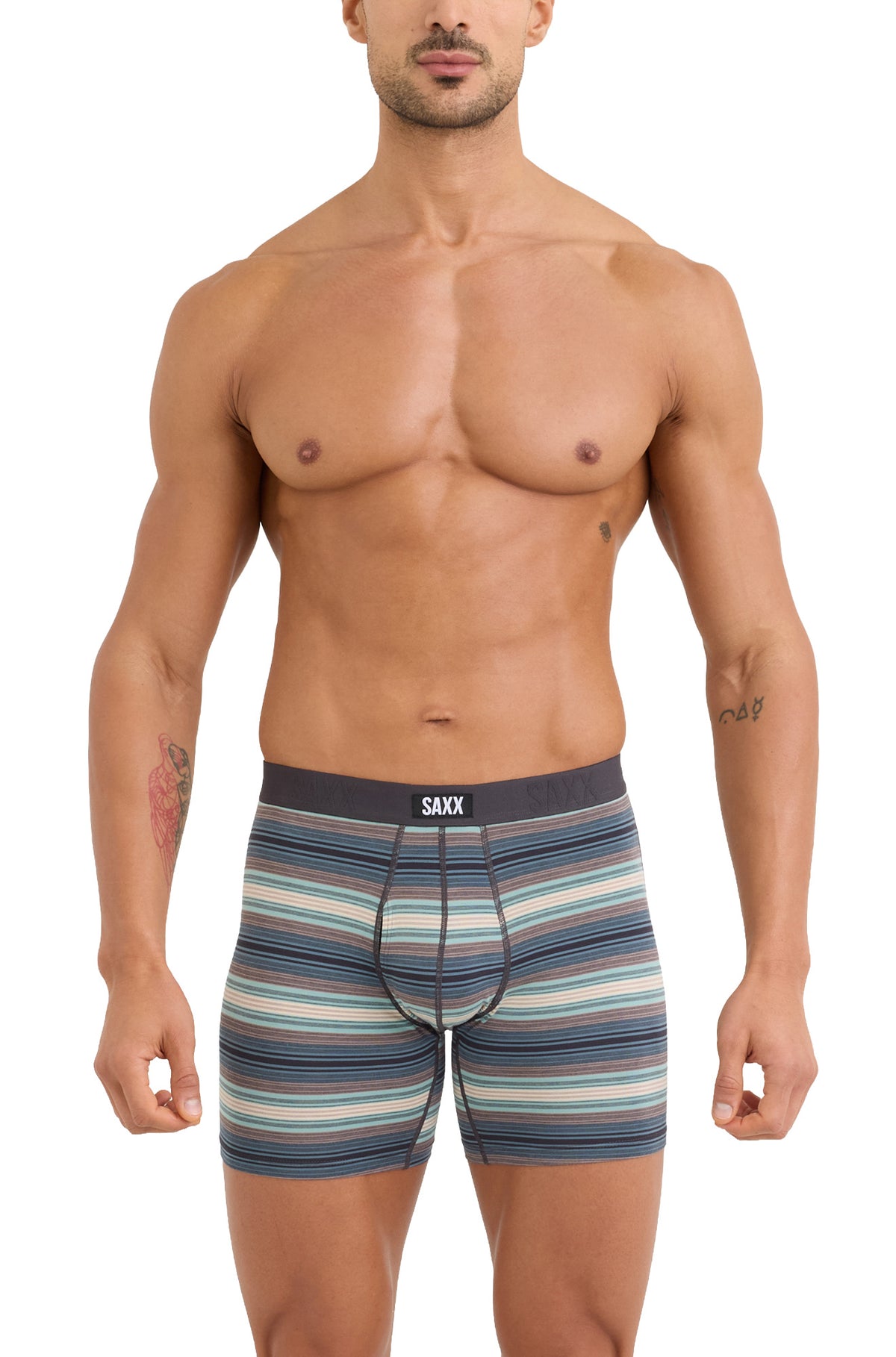 Men's striped teal boxer boxer brief underwear with pouch seams and black SAXX waistband shown from the front