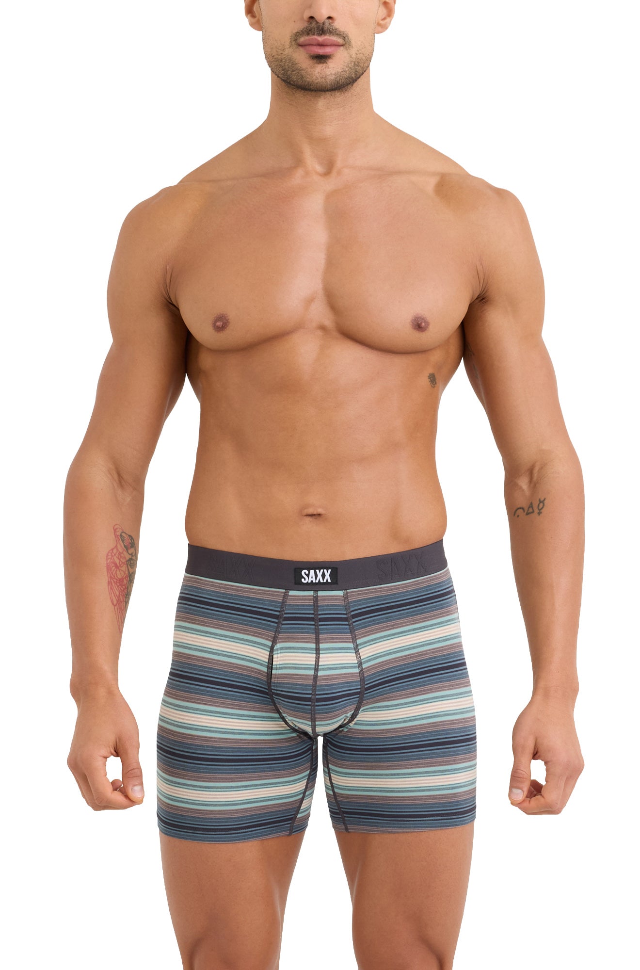 Men's striped teal boxer boxer brief underwear with pouch seams and black SAXX waistband shown from the front