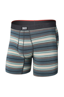 Saxx men's striped teal boxer boxer brief underwear with pouch seams and black logo waistband shown from the front
