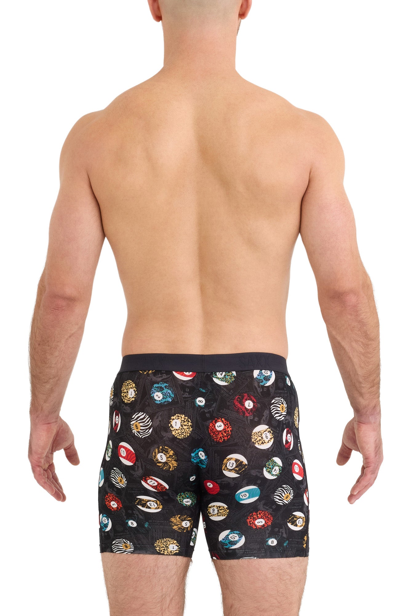 Saxx men's black boxer briefs with colorful numbered ball print and wide waistband shown from the back