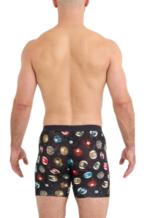 Saxx men's black boxer briefs with colorful numbered ball print and wide waistband shown from the back