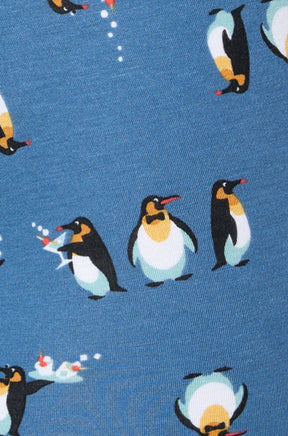 Saxx men's blue underwear fabric with top-hat novelty print, cocktail and penguin, close-up
