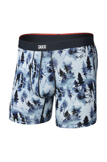 Men's light blue forest-print boxer underwear with black SAXX waistband, front product view