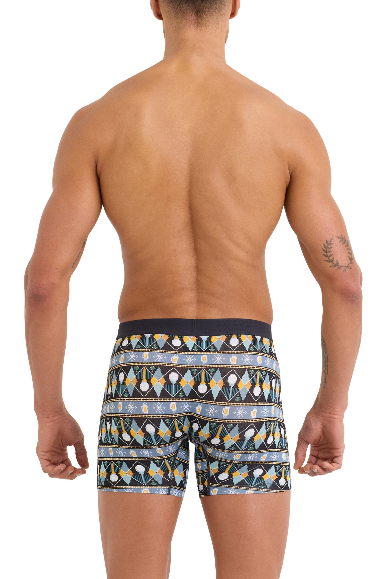 Saxx men's black patterned boxer winter boxer briefs with long legs and wide elastic waistband, back model view