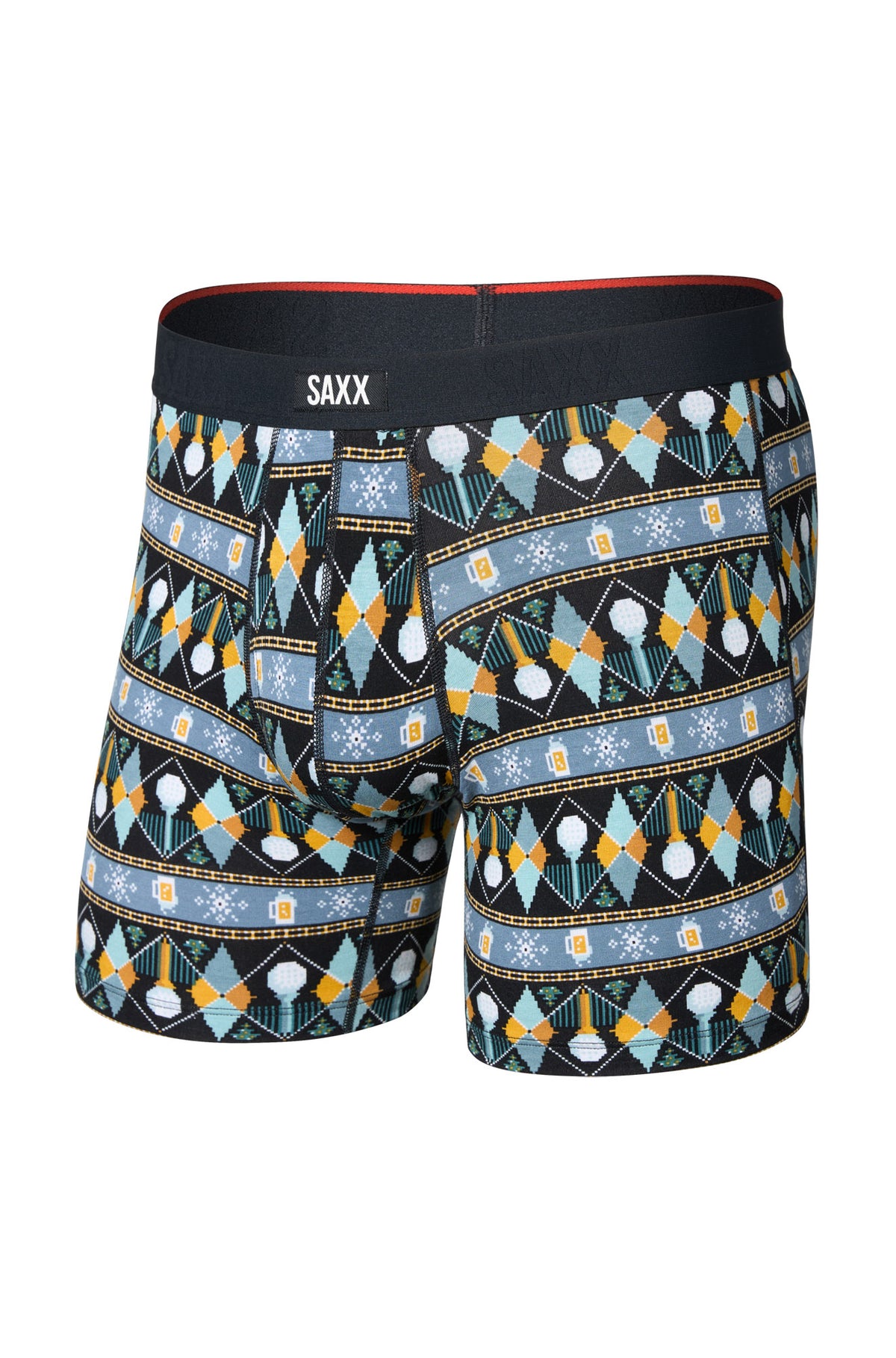 Men's black patterned boxer winter boxer briefs with contoured pouch and SAXX waistband, front product view