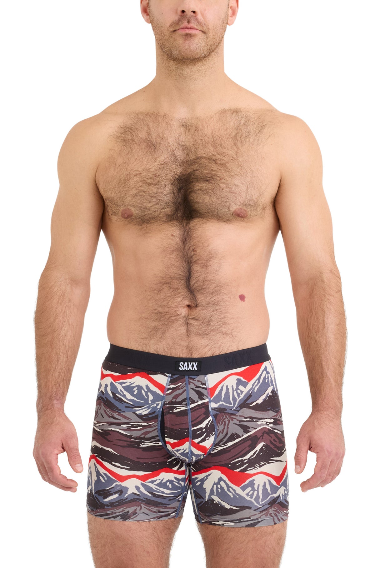 Men's fitted mountain-print boxer briefs with black SAXX waistband shown from the front