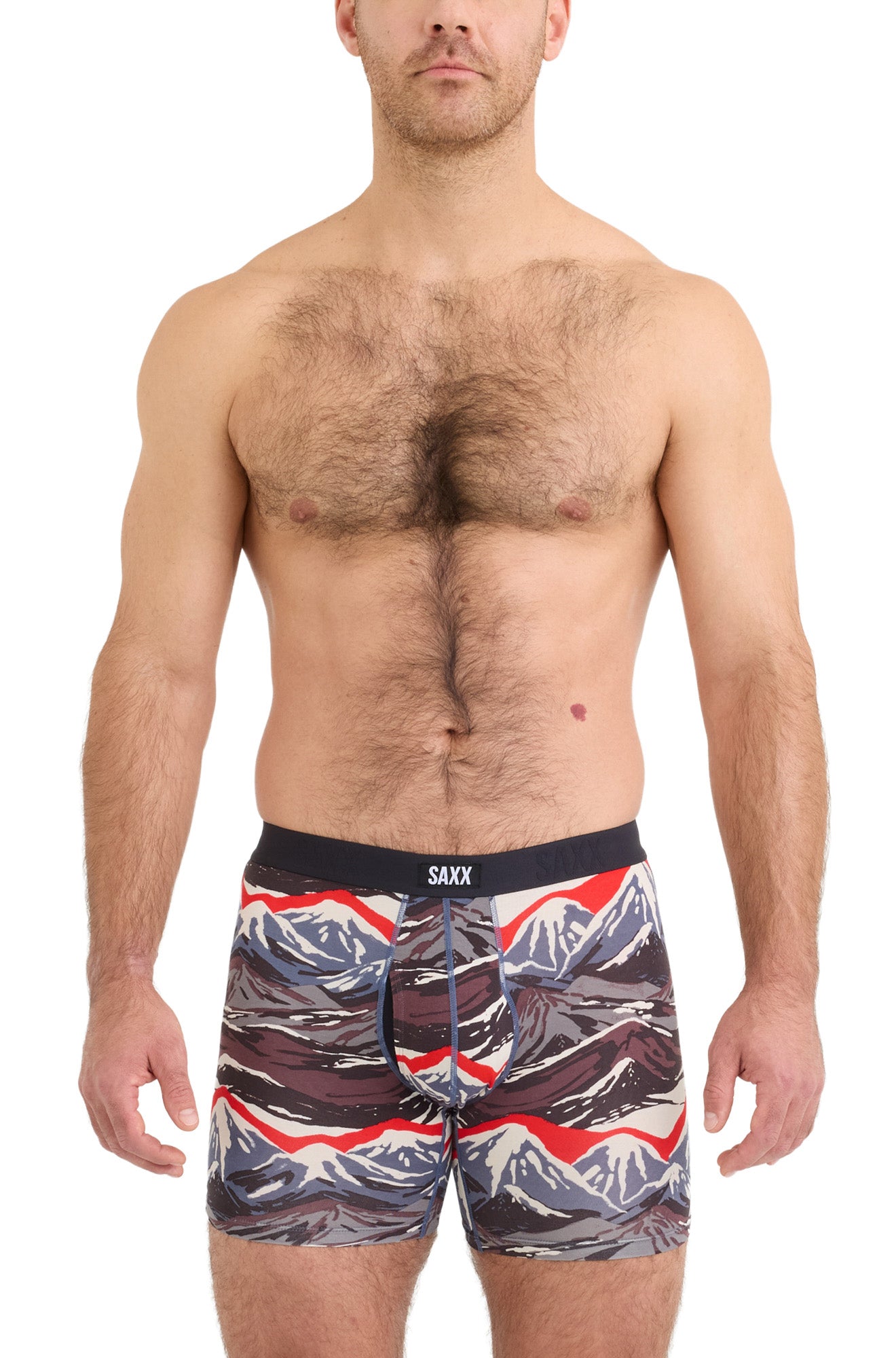 Men's fitted mountain-print boxer briefs with black SAXX waistband shown from the front