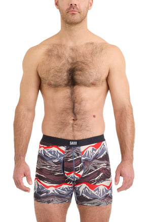 Men's fitted mountain-print boxer briefs with black SAXX waistband shown from the front