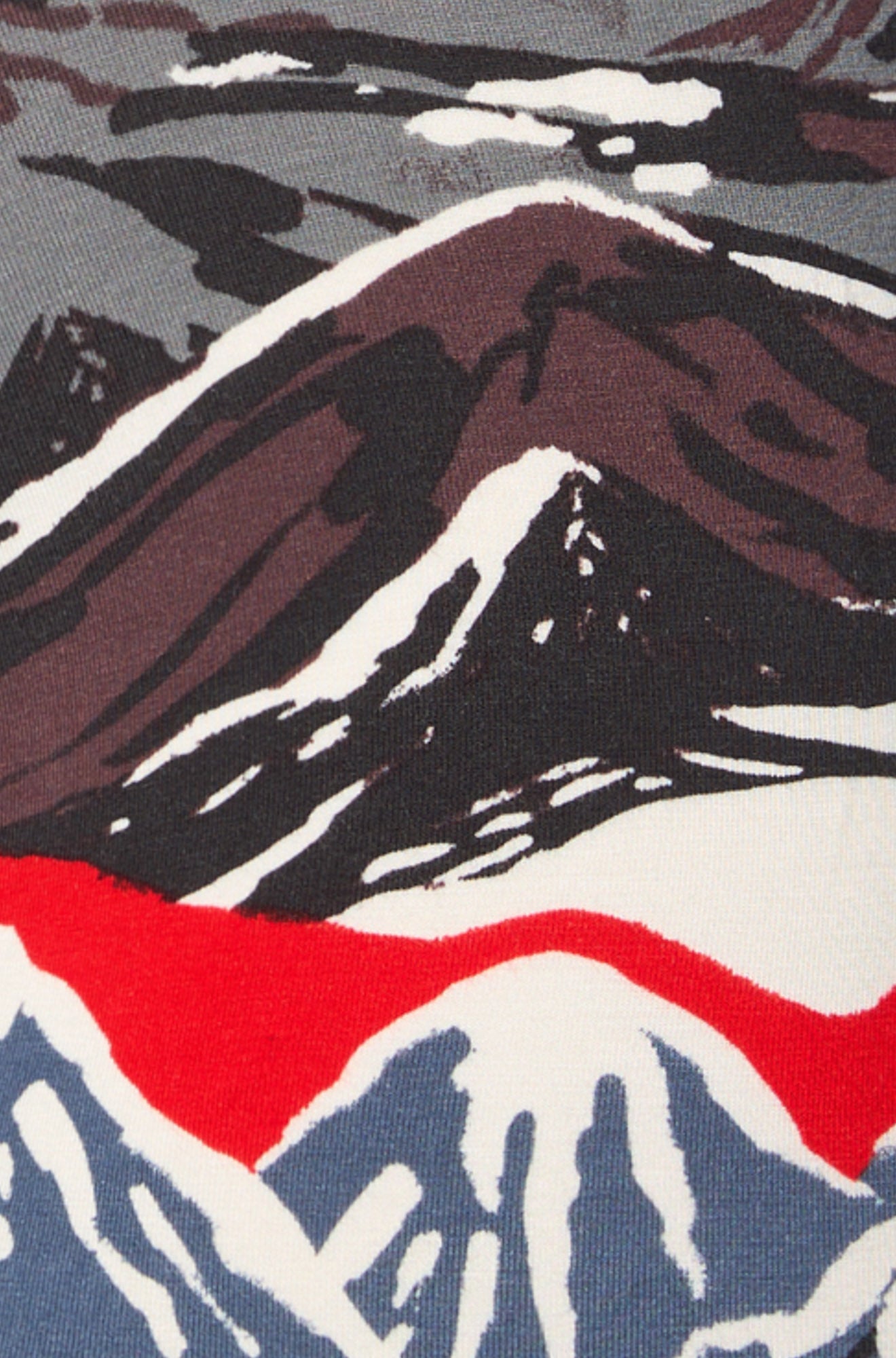 Close-up of men's red, gray, black, and white mountain-print fabric on the boxer briefs by Saxx