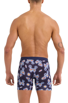 Back model view of men's navy boxer underwear with wide waistband and allover cocktail print by Saxx
