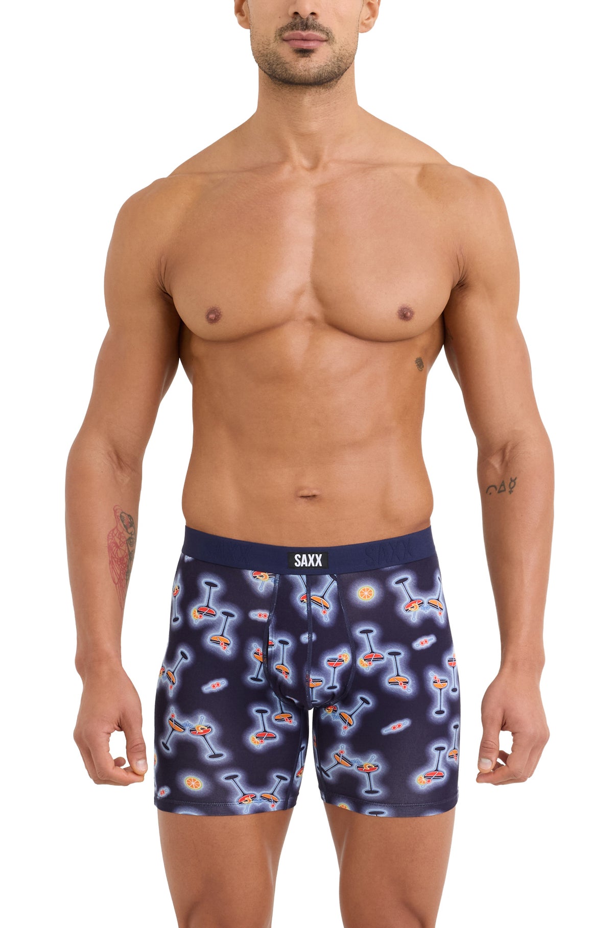 Men's navy boxer underwear with SAXX logo waistband and cocktail print shown from the front