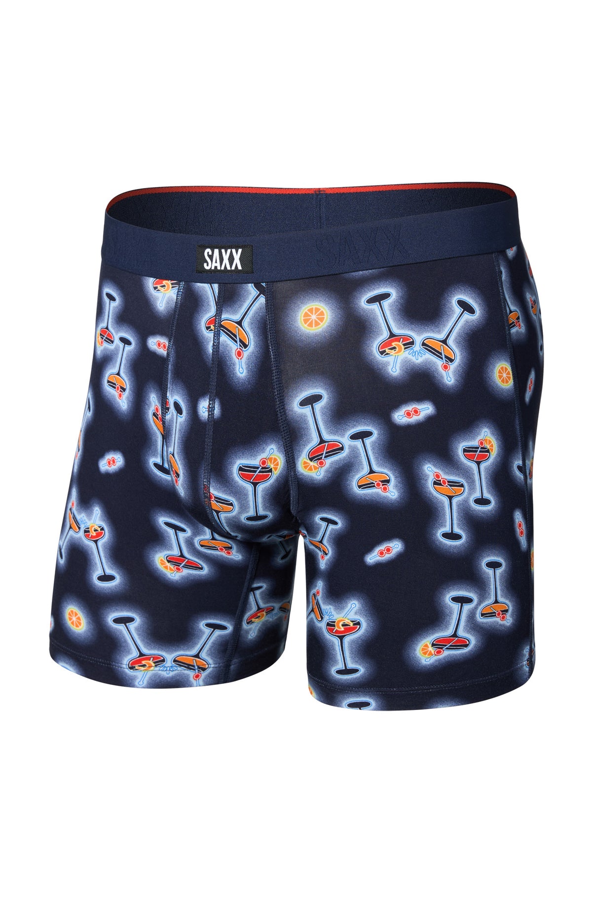 Men's navy boxer underwear with cocktail print, front product view with SAXX elastic waistband