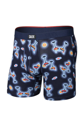 Men's navy boxer underwear with cocktail print, front product view with SAXX elastic waistband
