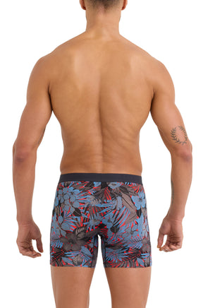 Back model view of men's red tropical floral boxer briefs with straight hems and black waistband by Saxx