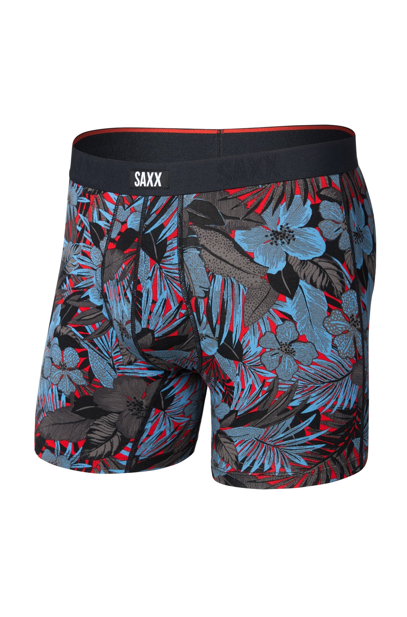 Men's red tropical floral boxer briefs with black SAXX waistband shown from the front